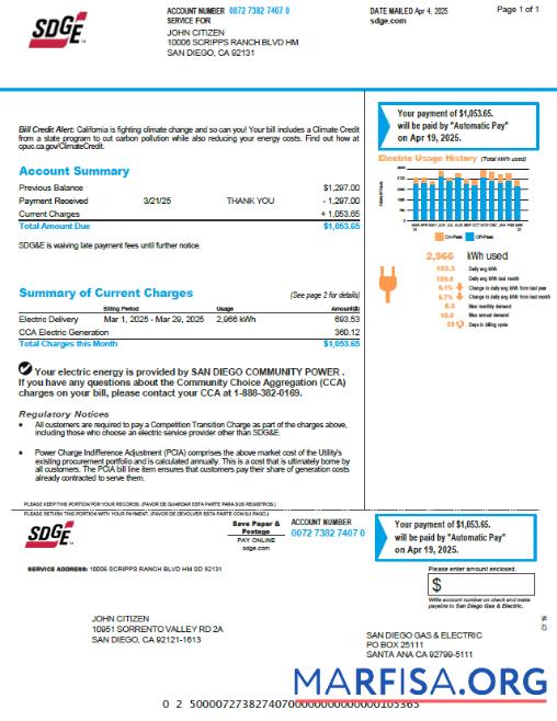 Blank USA SDGE utility bill template in Word and PDF formats, version 2